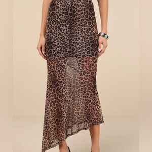 Lulus Fierce Charm Brown Leopard Print Mesh Asymmetrical Midi Skirt